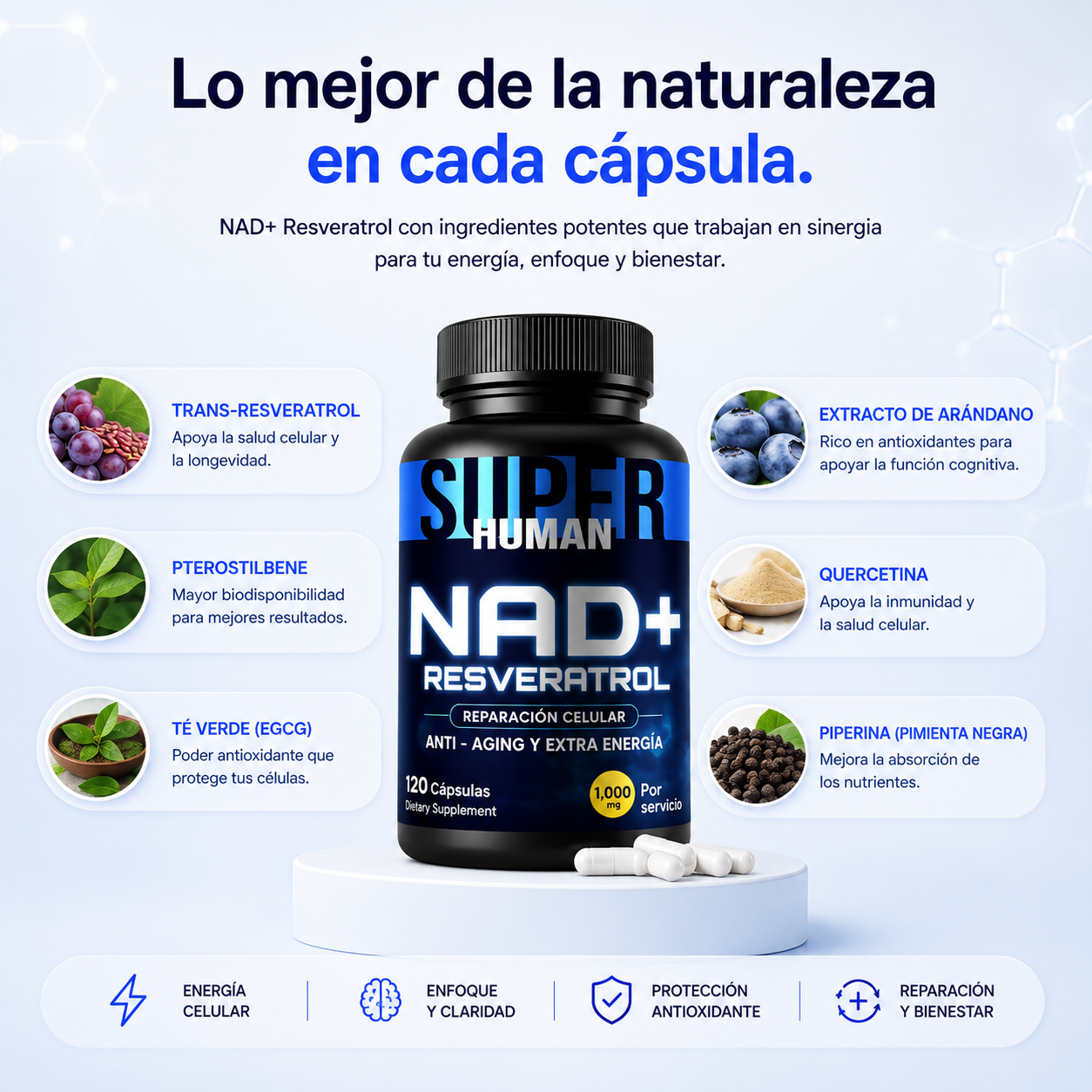💊 NAD+ Resveratrol - Cápsulas de Reparación Celular Antienvejecimiento y Energía Extra.